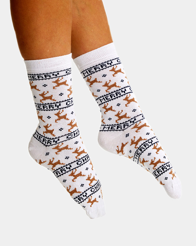 White Elegant Unisex Ugly Christmas Socks with Reindeers women and men