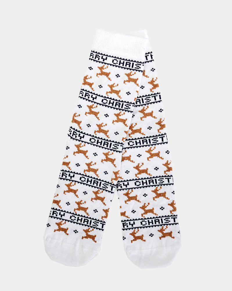 White Elegant Unisex Ugly Christmas Socks with Reindeers