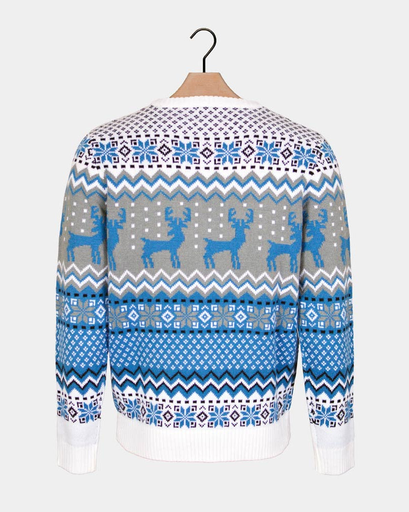 Classy White, Grey and Blue Ugly Christmas Sweater with Reindeers back