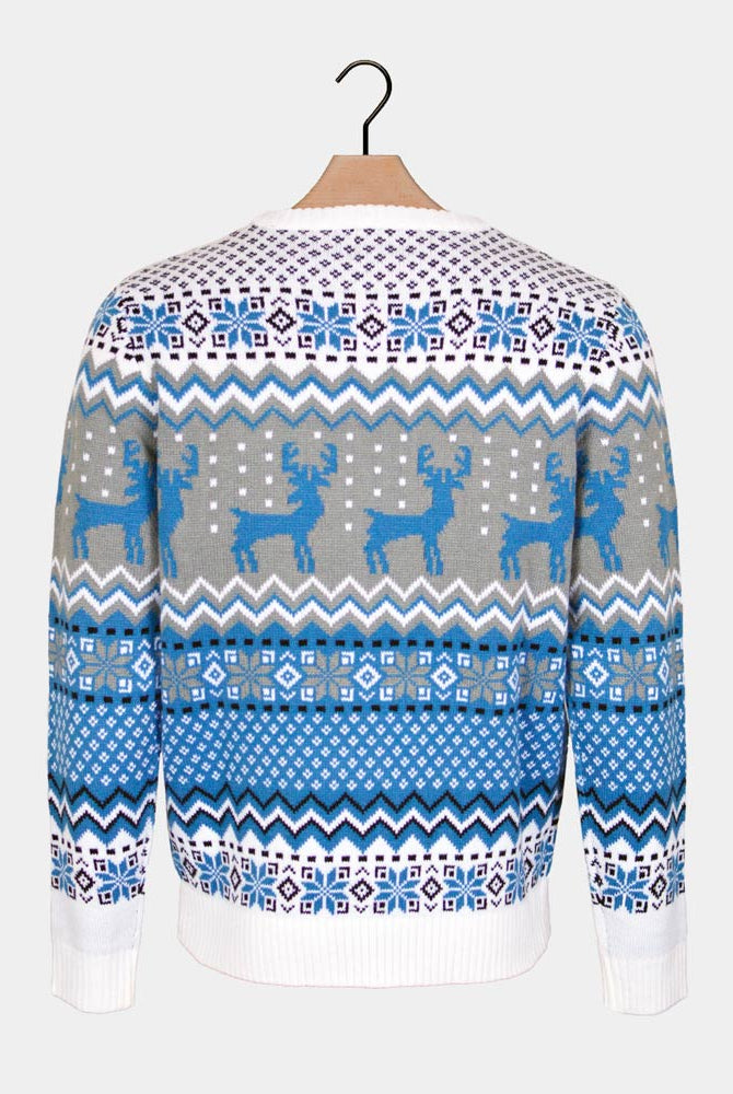 Classy White, Grey and Blue Ugly Christmas Sweater with Reindeers back