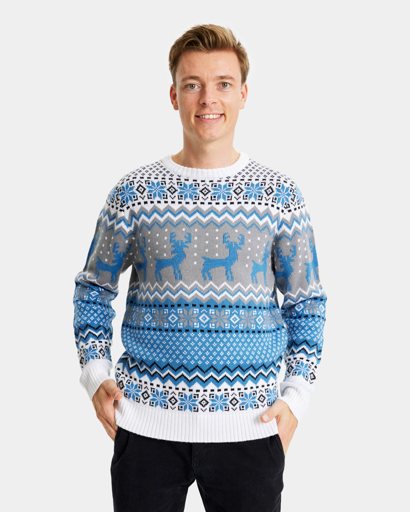 Mens Classy White, Grey and Blue Ugly Christmas Sweater with Reindeers