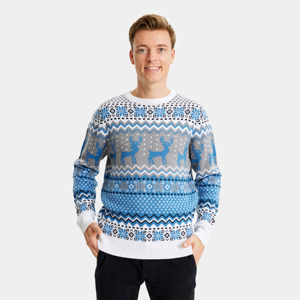 Mens Classy White, Grey and Blue Ugly Christmas Sweater with Reindeers