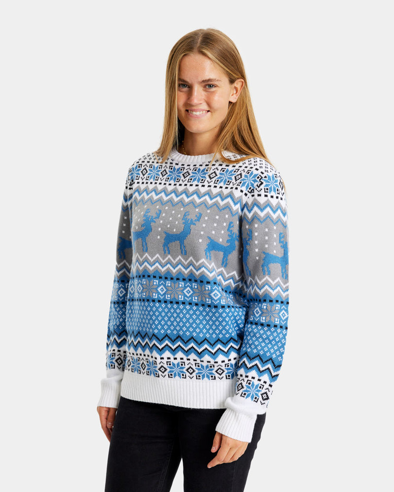 Classy White, Grey and Blue Ugly Christmas Sweater with Reindeers womens