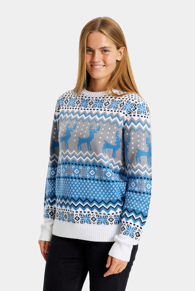 Classy White, Grey and Blue Ugly Christmas Sweater with Reindeers womens