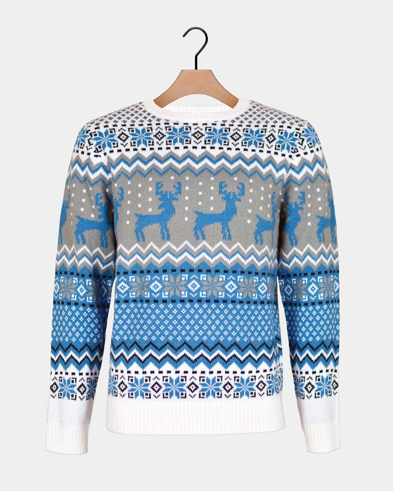 Classy White, Grey and Blue Ugly Christmas Sweater with Reindeers