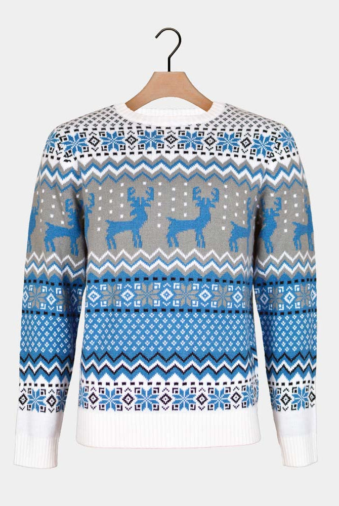 Classy White, Grey and Blue Ugly Christmas Sweater with Reindeers