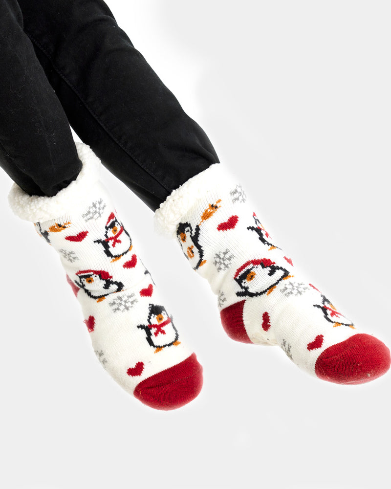 White Rubber Sole Ugly Christmas Socks with Penguins and Hearts women and men