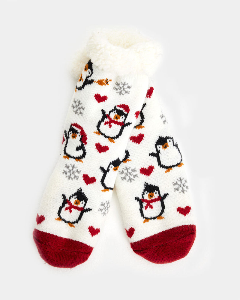 White Rubber Sole Ugly Christmas Socks with Penguins and Hearts