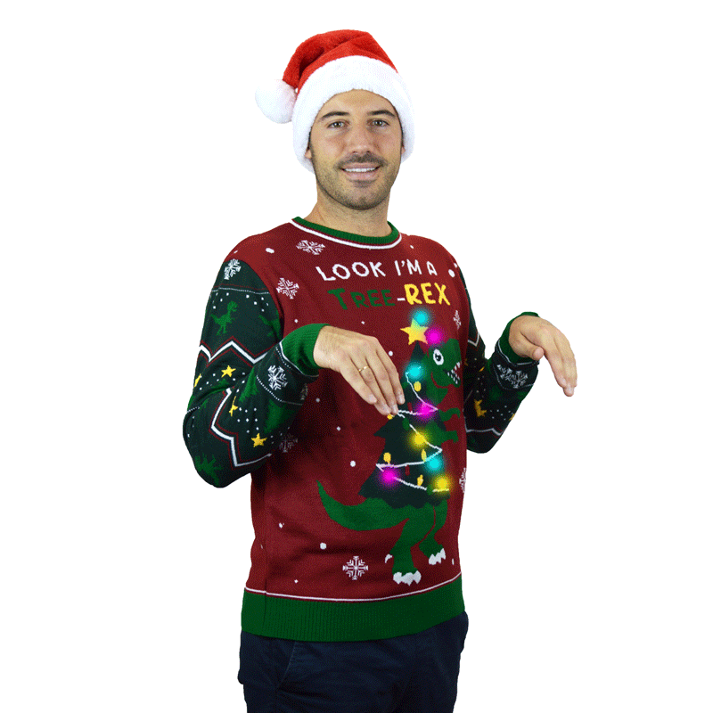 Tree-Rex LED light-up Ugly Christmas Sweater mens