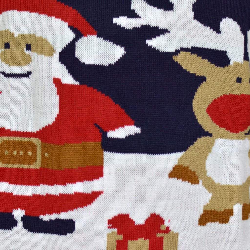 Blue Family Ugly Christmas Sweater with Santa and Rudolph detail