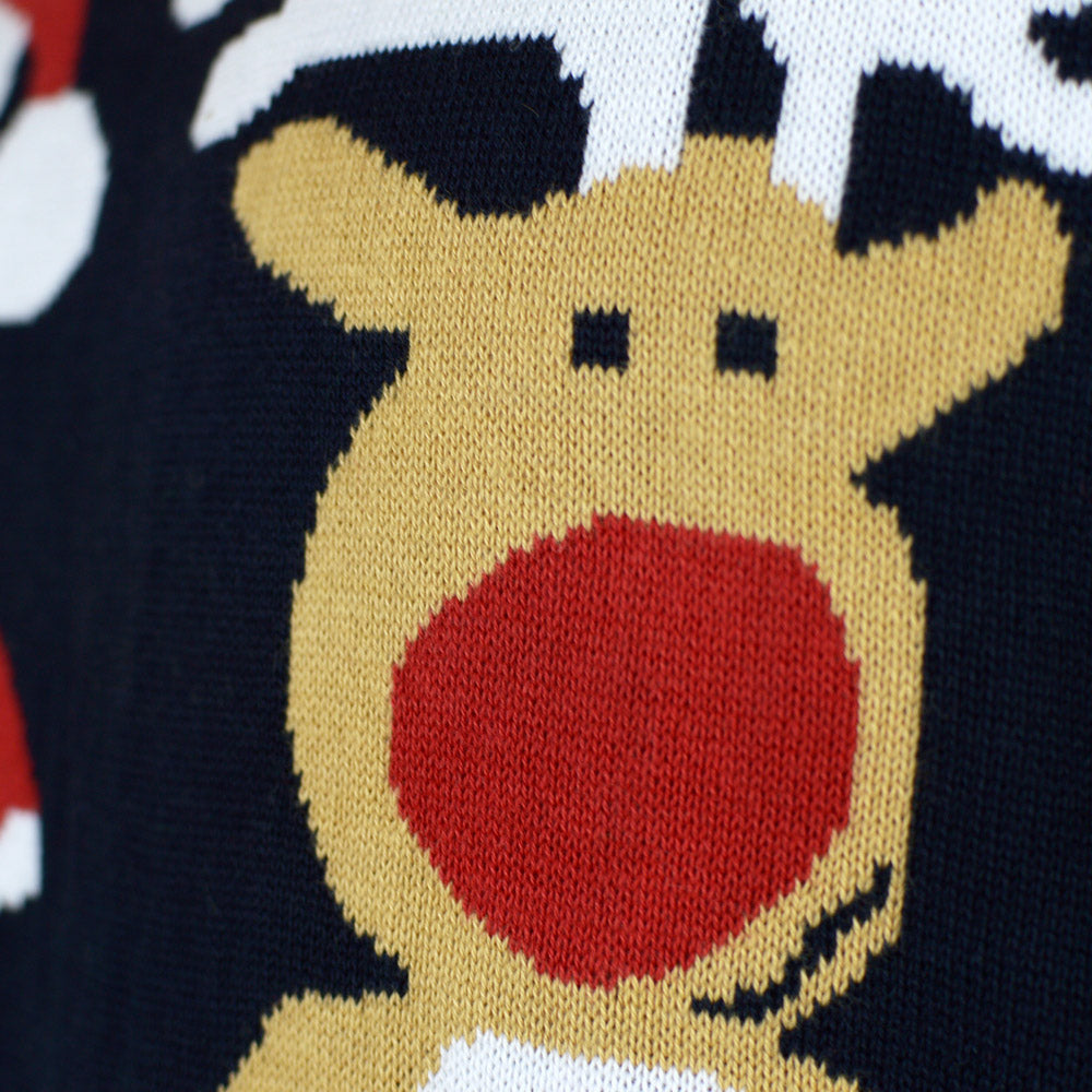 Blue Ugly Christmas Sweater with Santa and Rudolph detail 
