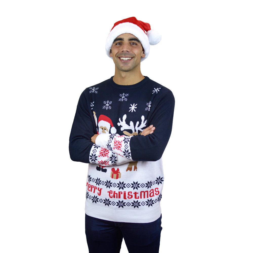 Mens Blue Ugly Christmas Sweater with Santa and Rudolph