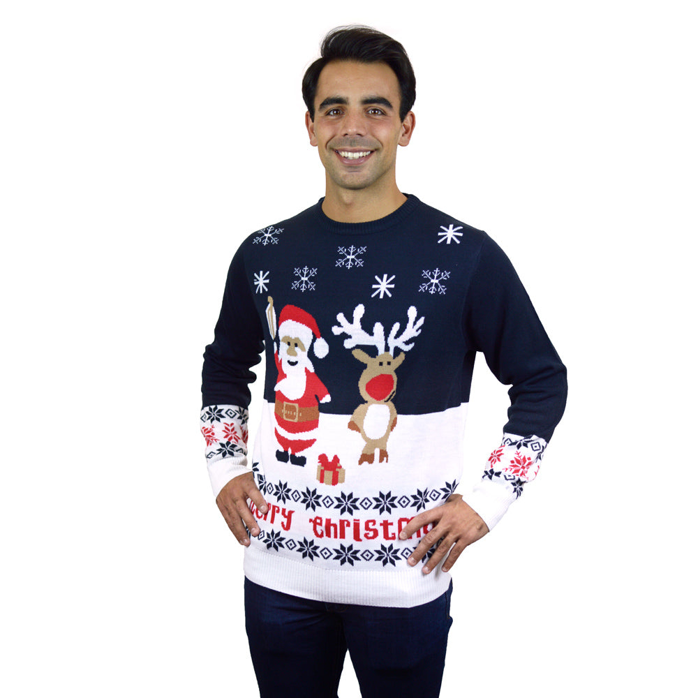 Blue Ugly Christmas Sweater with Santa and Rudolph mens