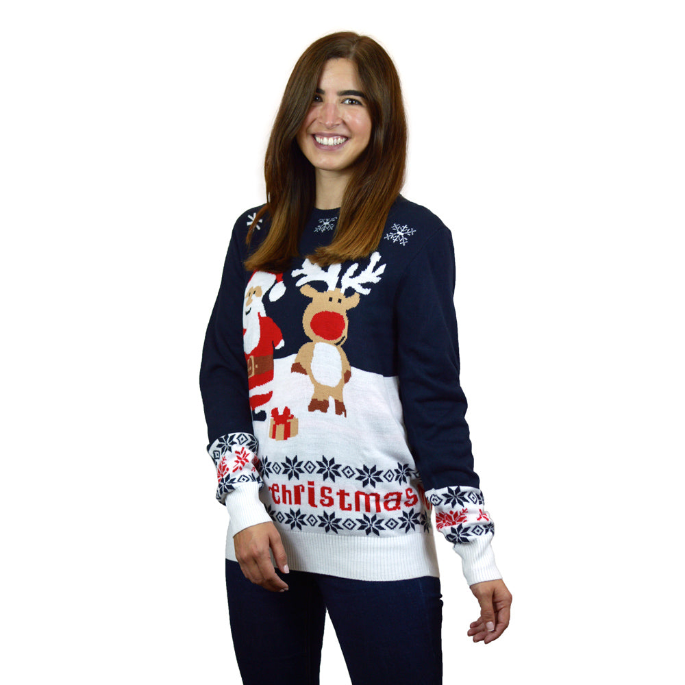 Blue Ugly Christmas Sweater with Santa and Rudolph womens