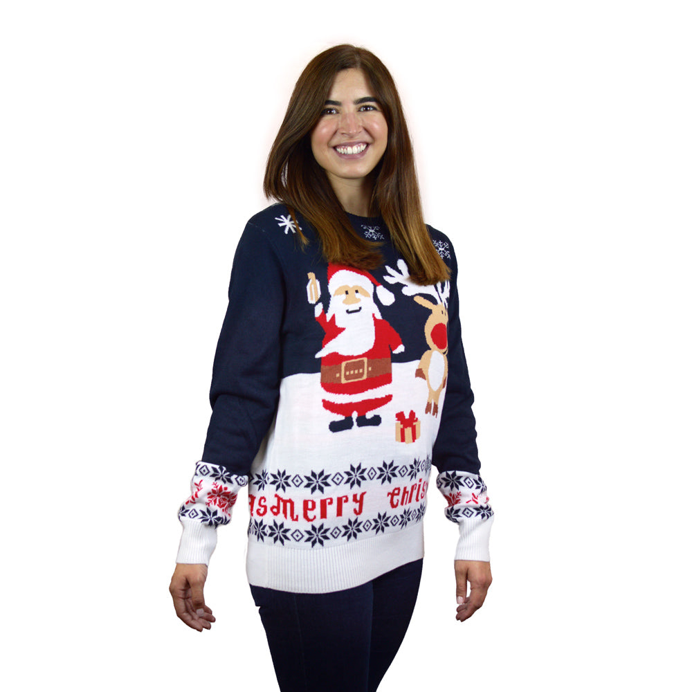 Womens Blue Ugly Christmas Sweater with Santa and Rudolph