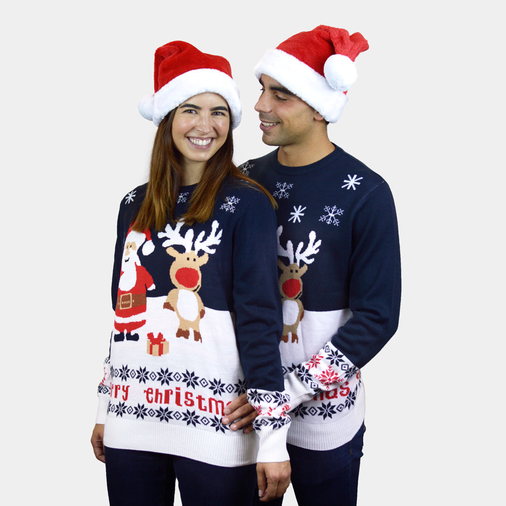 Couples Blue Organic Cotton Family Ugly Christmas Sweater with Santa and Rudolph