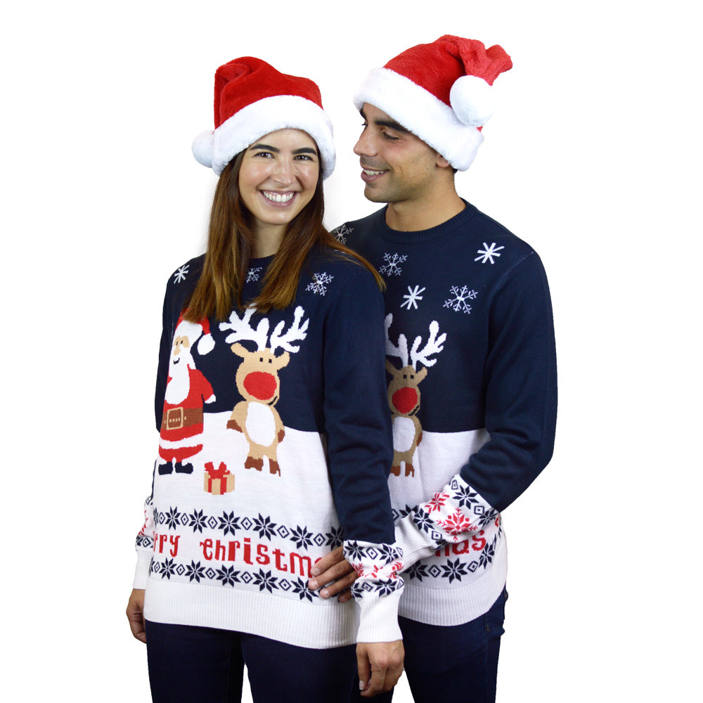couples Blue Ugly Christmas Sweater with Santa and Rudolph
