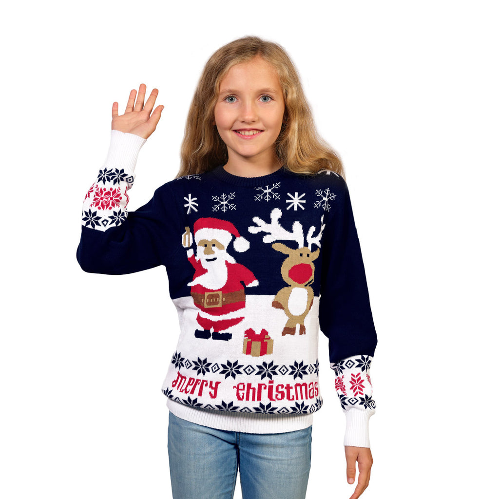 Blue Girls Ugly Christmas Sweater with Santa and Rudolph