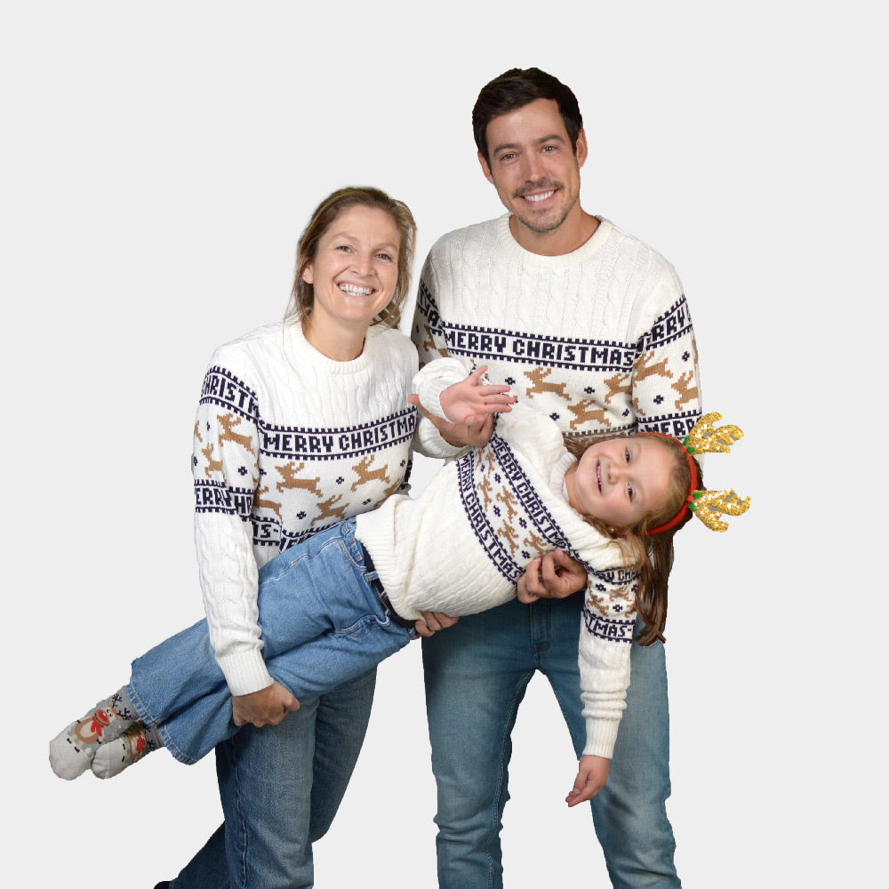 Matching Family Classy White Organic Cotton Ugly Christmas Sweater with Reindeer