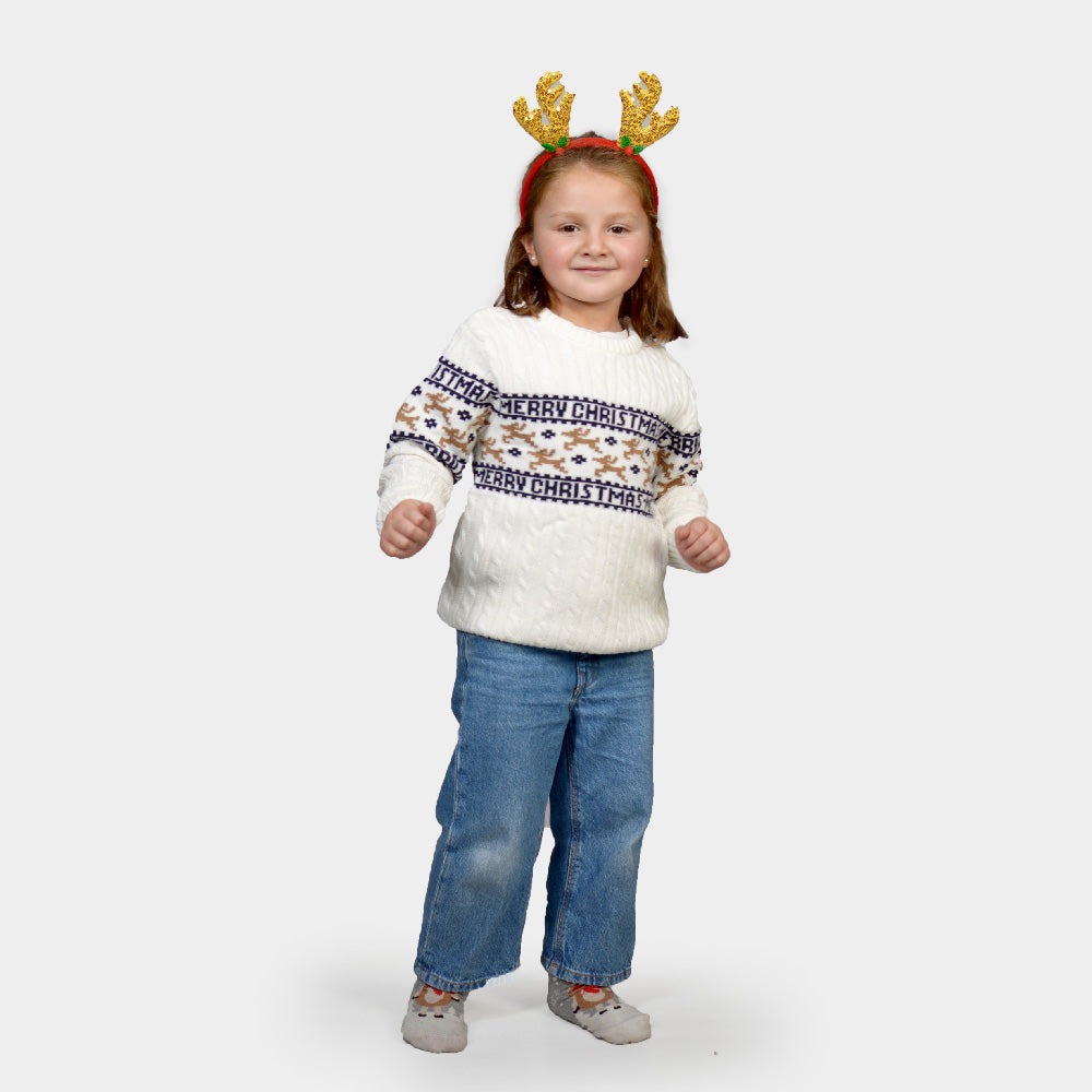 Matching Family Classy White Organic Cotton Childrens Ugly Christmas Sweater with Reindeer