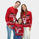 Matching Family Red Ugly Christmas Sweater with Rudolph the Happy Reindeer