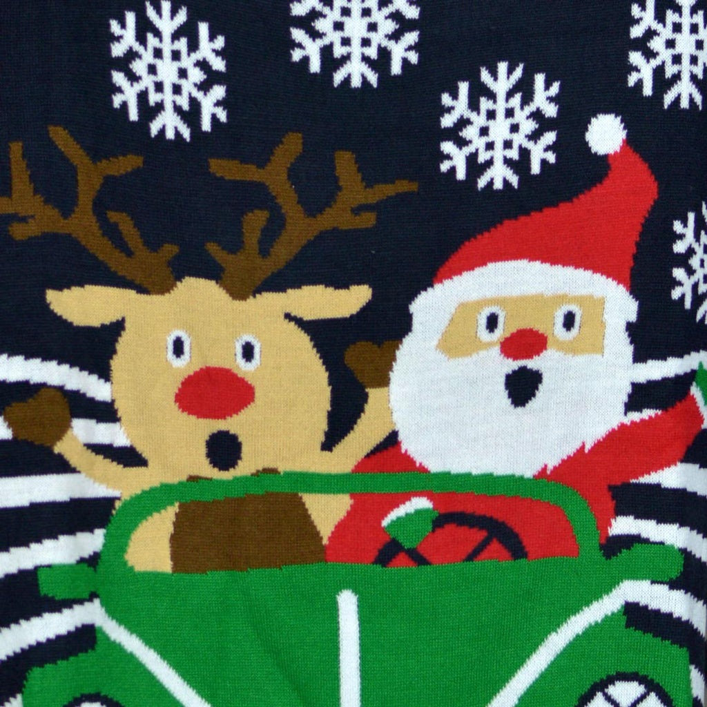 Family Ugly Christmas Sweater with Santa and Reindeer Driving  detail
