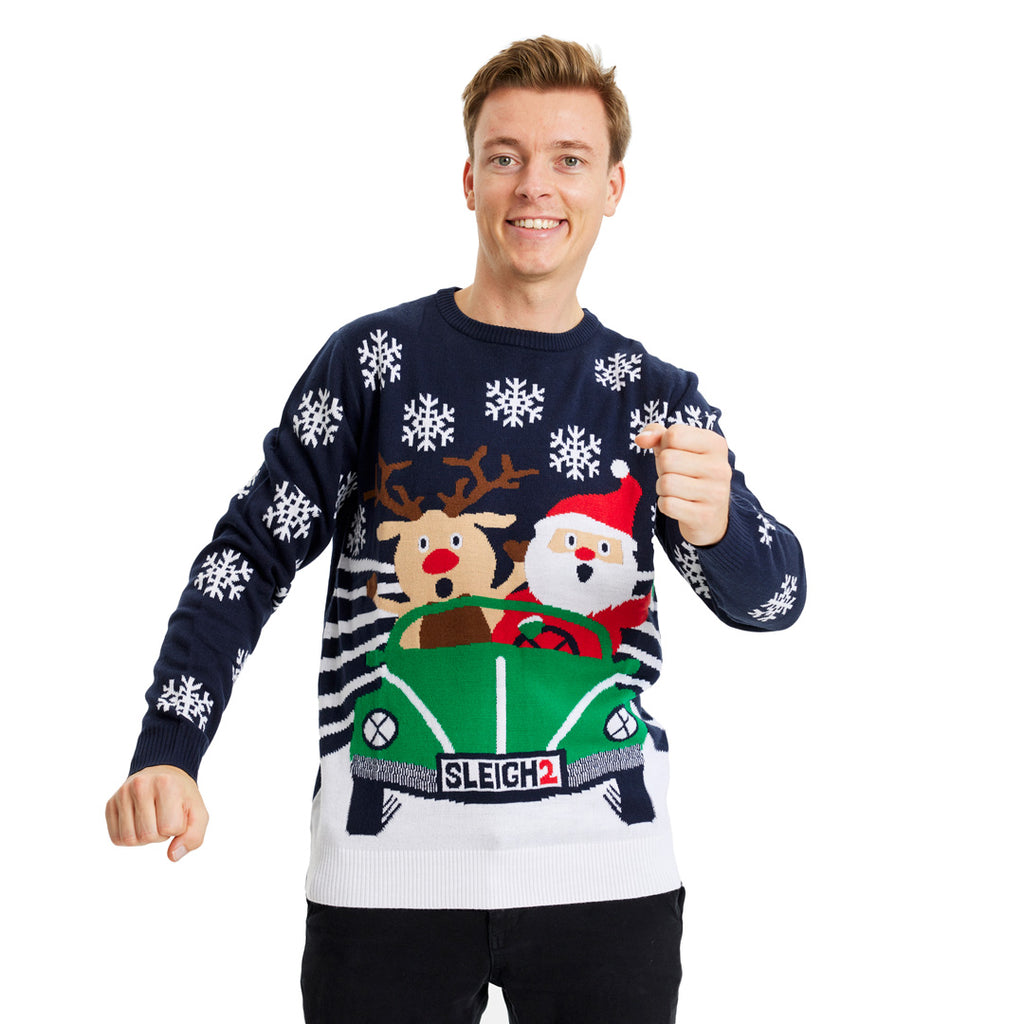 Family Ugly Christmas Sweater with Santa and Reindeer Driving mens