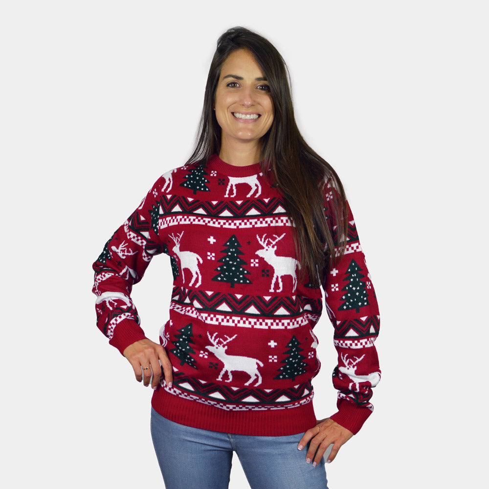 Womens Red Family Ugly Christmas Sweater with Reindeers and Christmas Trees