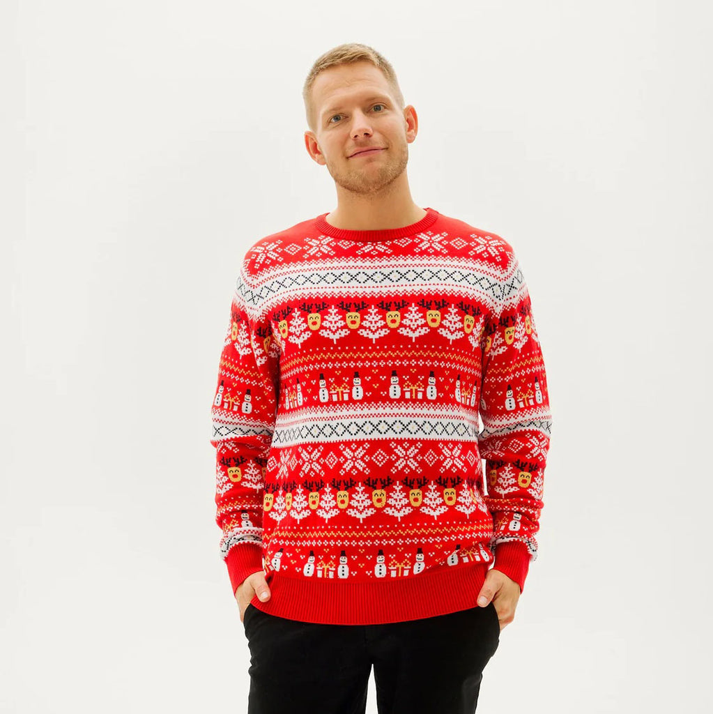 Red Organic Cotton Ugly Christmas Sweater with Snowmen and Trees mens