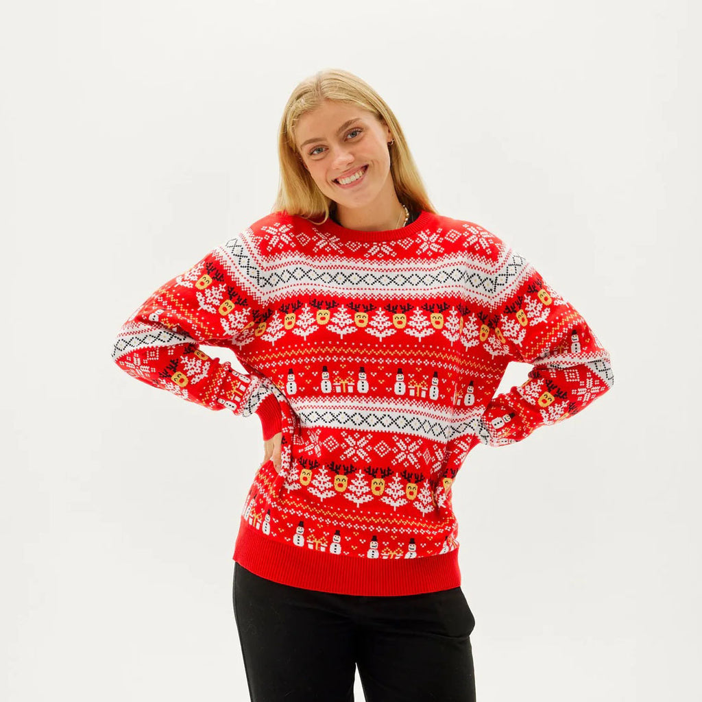 Red Organic Cotton Ugly Christmas Sweater with Snowmen and Trees womens