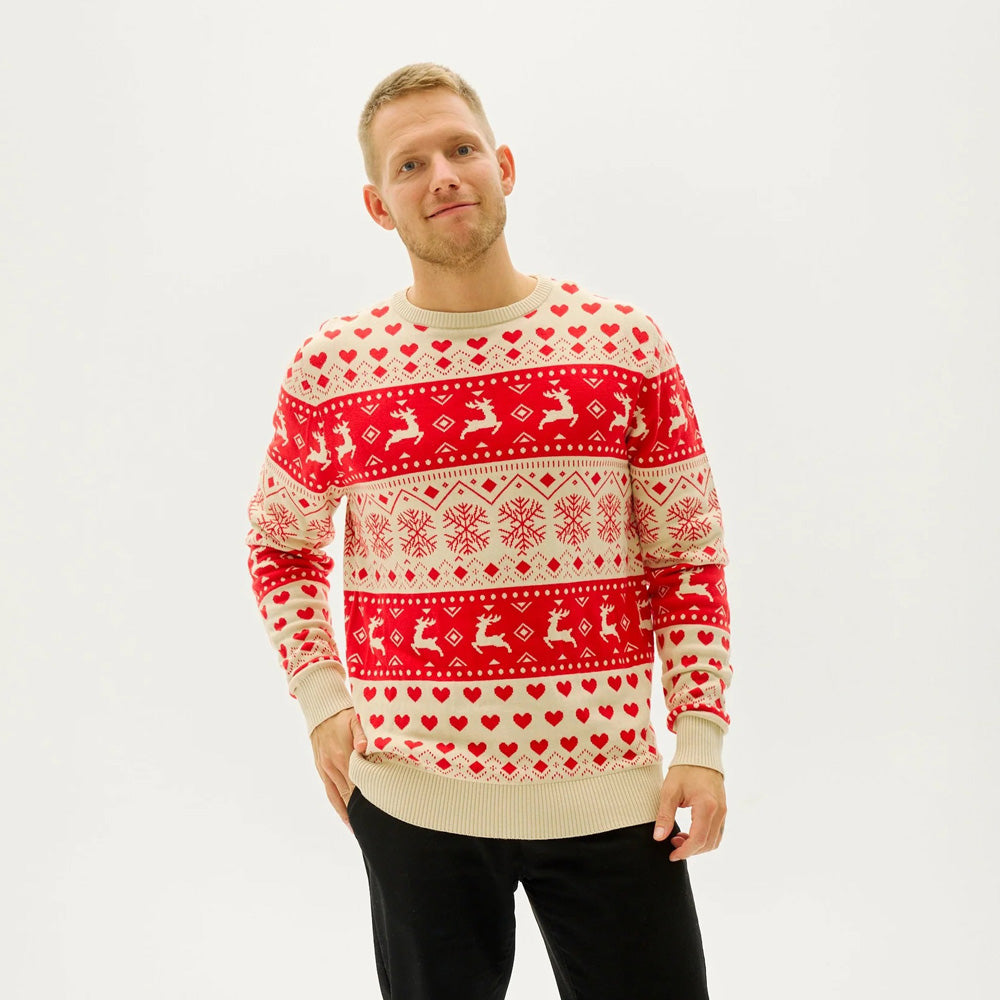 Red & Beige Organic Cotton Ugly Christmas Sweater with Hearts mens