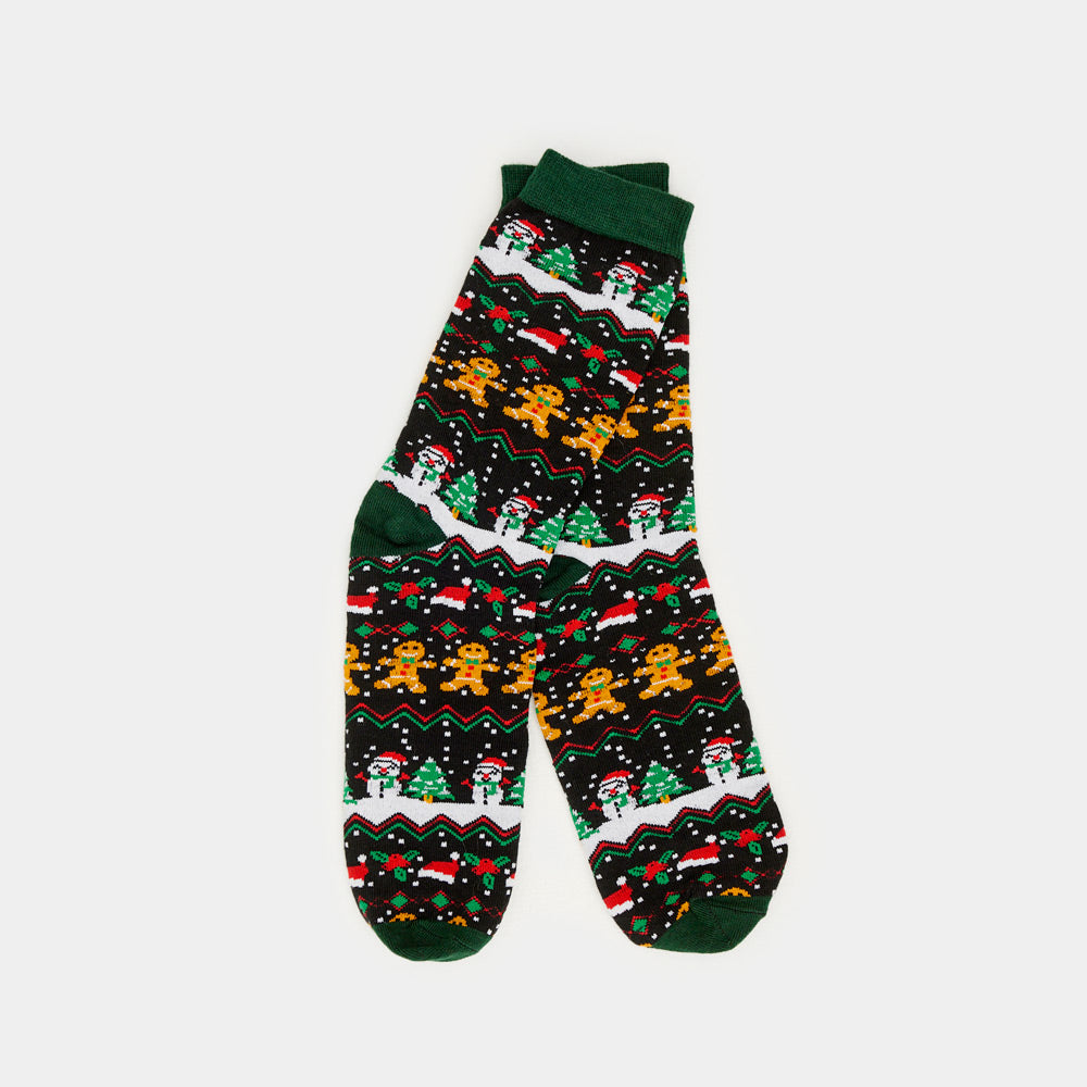 Green Unisex Ugly Christmas Socks with Gingerbread