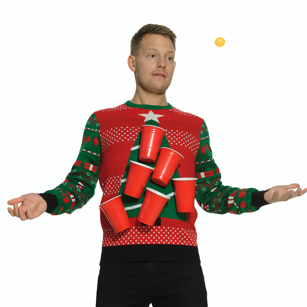 Mens Ugly Christmas Sweater Beer Pong + Beer Opener