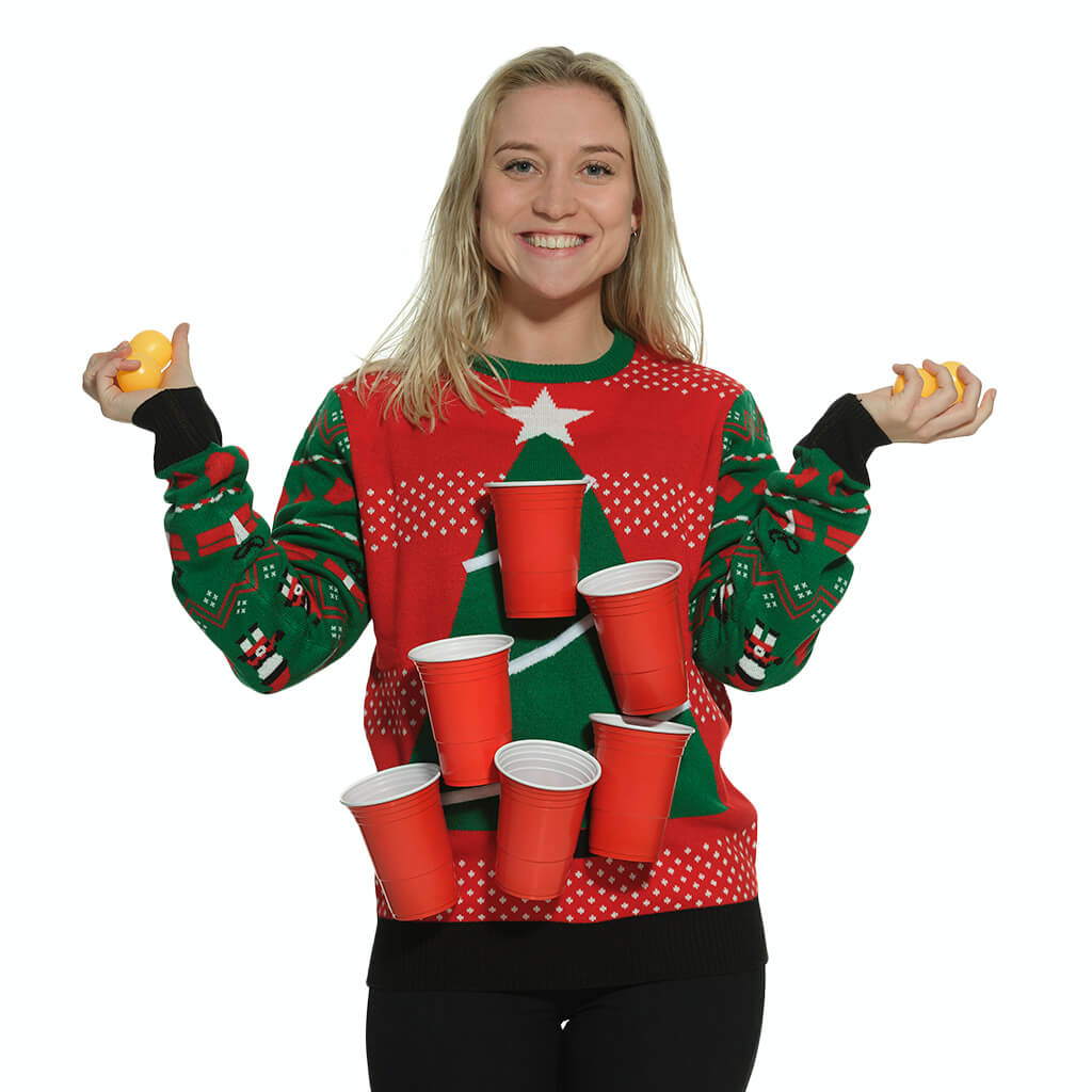 Womens Ugly Christmas Sweater Beer Pong + Beer Opener