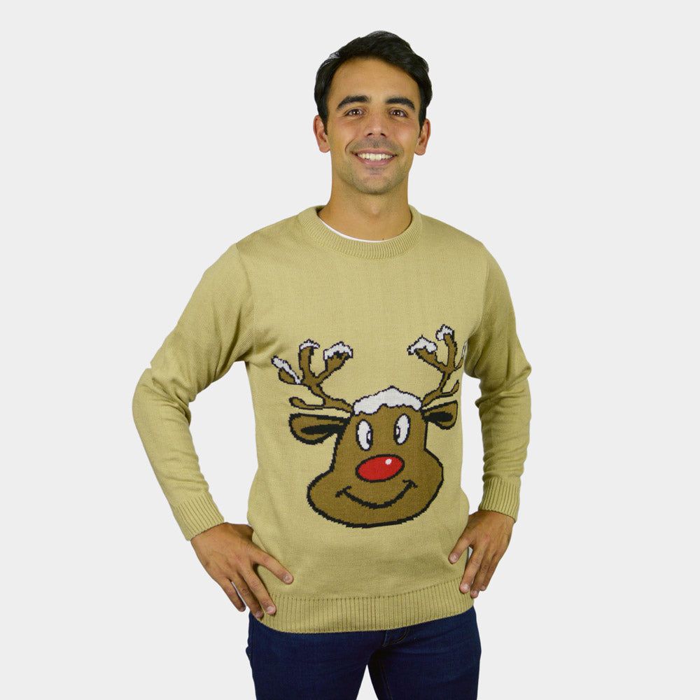 Mens Beige Couple's Ugly Christmas Sweater with Smiling Reindeer