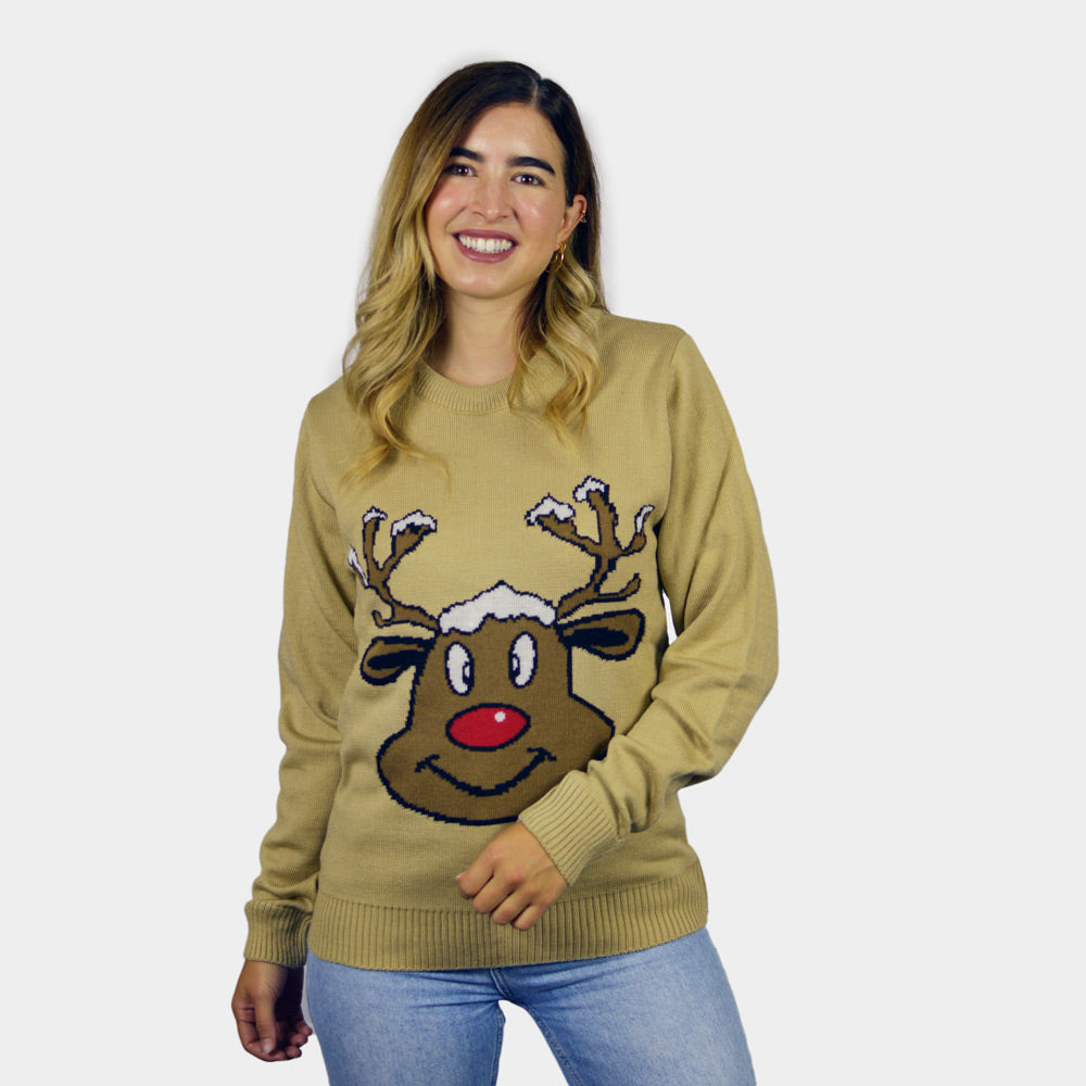 Womens Beige Couple's Ugly Christmas Sweater with Smiling Reindeer