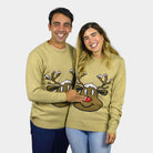 Beige Couple's Ugly Christmas Sweater with Smiling Reindeer