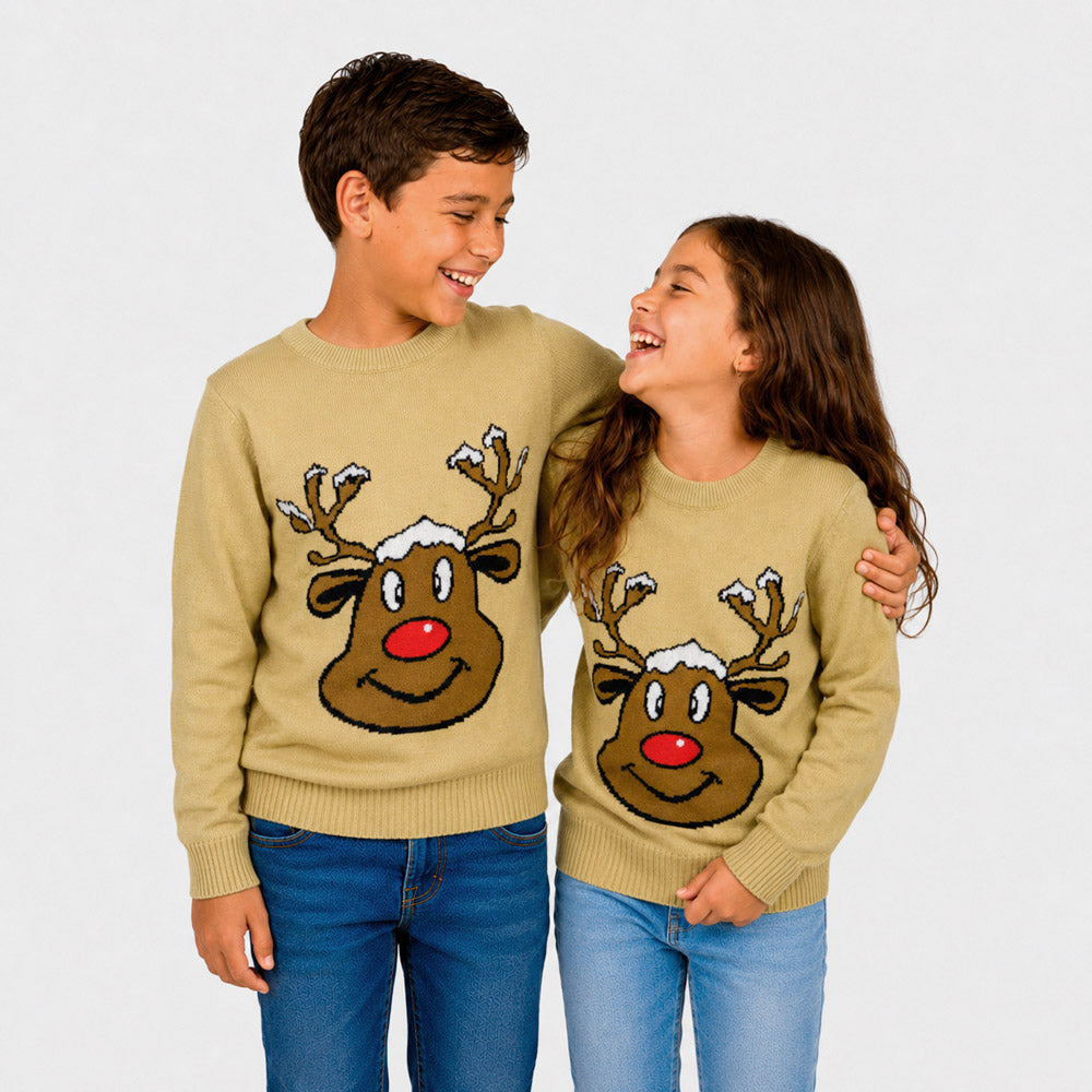Beige Family Ugly Christmas Sweater with Smiling Reindeer Children
