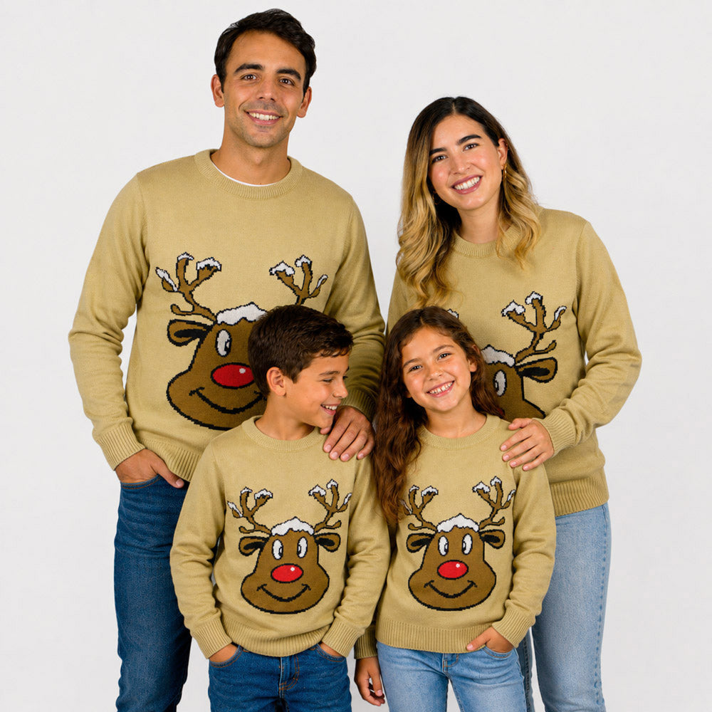 Beige Family Ugly Christmas Sweater with Smiling Reindeer

