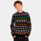 Boy Black Ugly Christmas Sweater with Trees, Reindeer and Gifts
