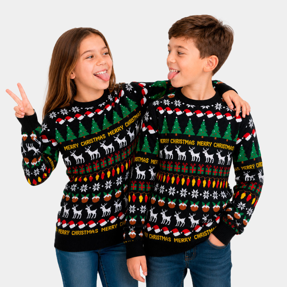 Childrens Black Ugly Christmas Sweater with Trees, Reindeer and Gifts
