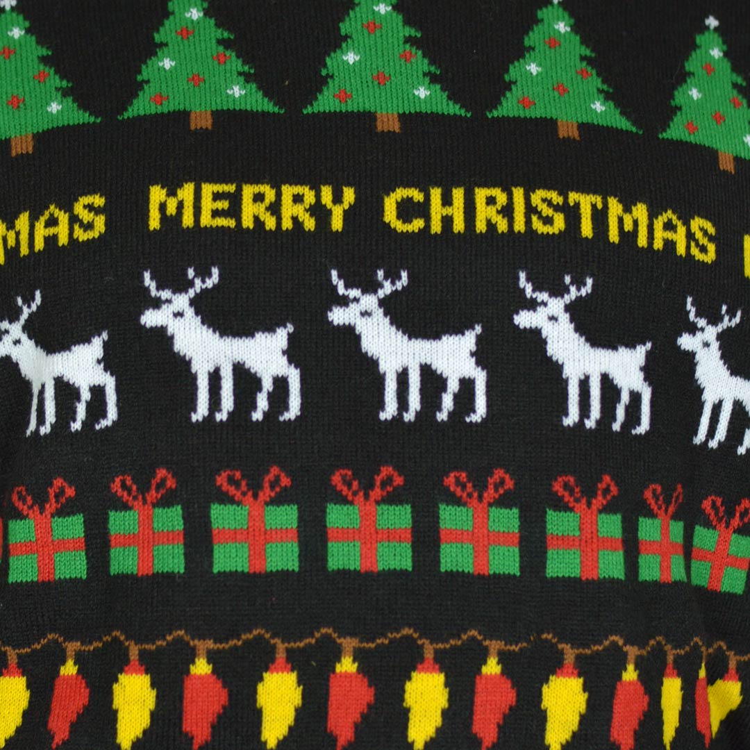 detail Black Couple's Ugly Christmas Sweater with Trees, Reindeers and Gifts