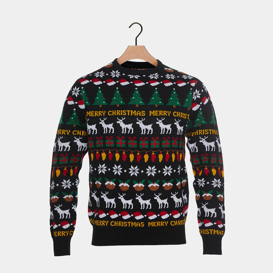 Black Couple's Ugly Christmas Sweater with Trees, Reindeers and Gifts