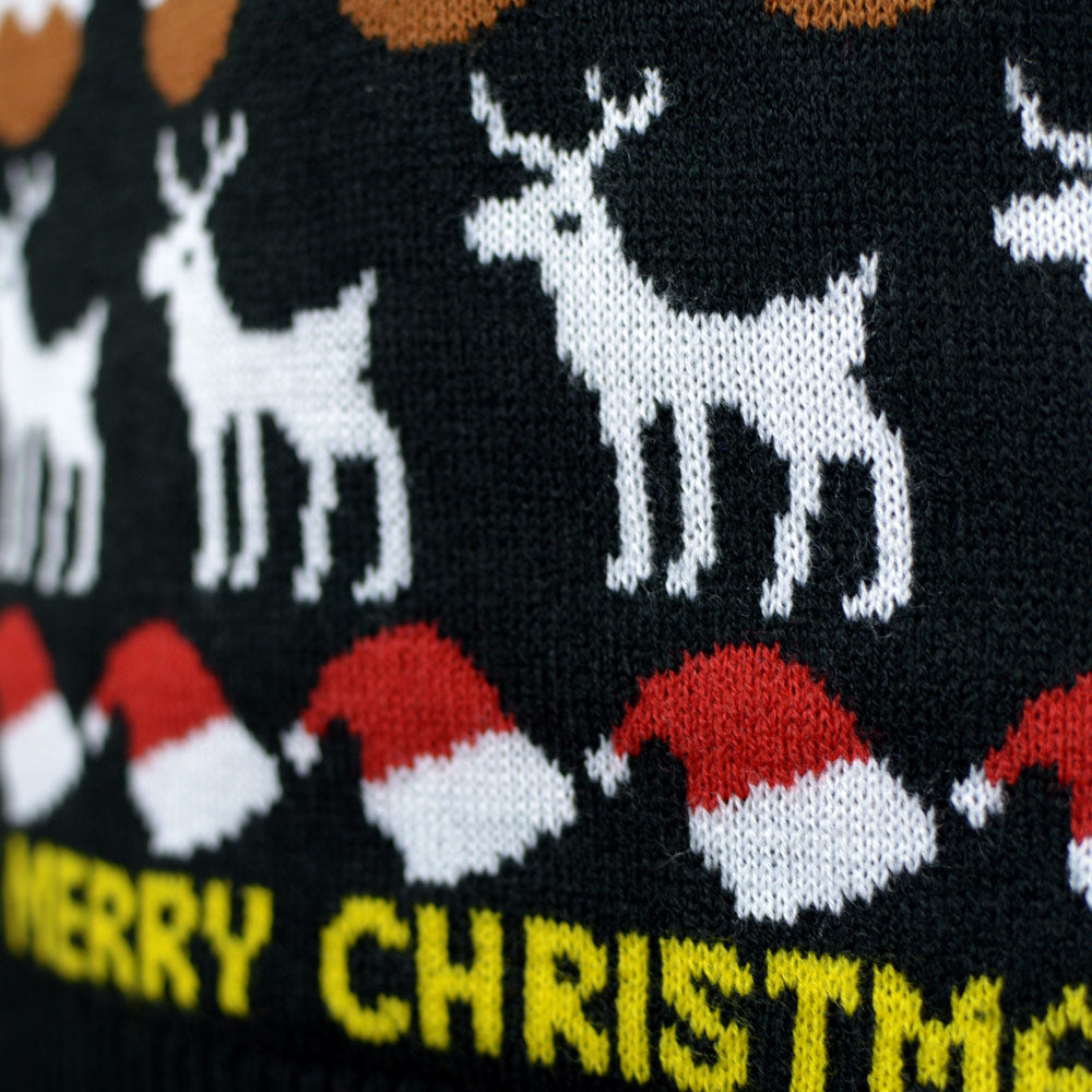 Black Family Ugly Christmas Sweater with Trees, Reindeers and Gifts Detail
