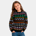 Girls Black Ugly Christmas Sweater with Trees, Reindeer and Gifts
