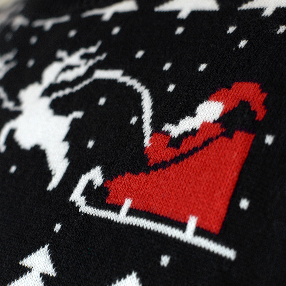 Black Ugly Christmas Sweater with Snowmen and Santa Trees

