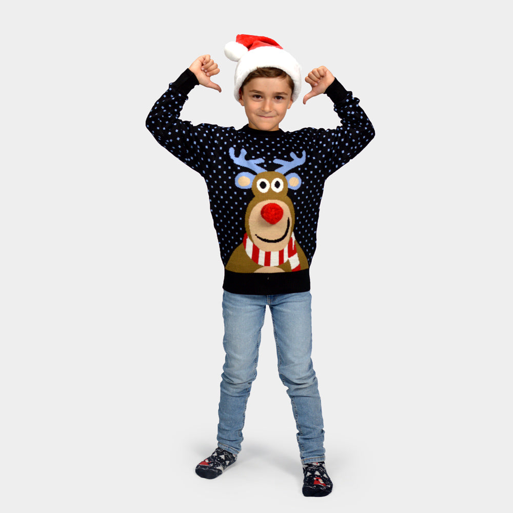 Blue 3D Boys and Girls Ugly Christmas Sweater Reindeer with Red Nosed
