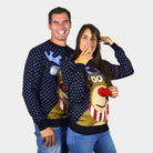 Blue 3D Couple's Ugly Christmas Sweater Reindeer with Red Nosed