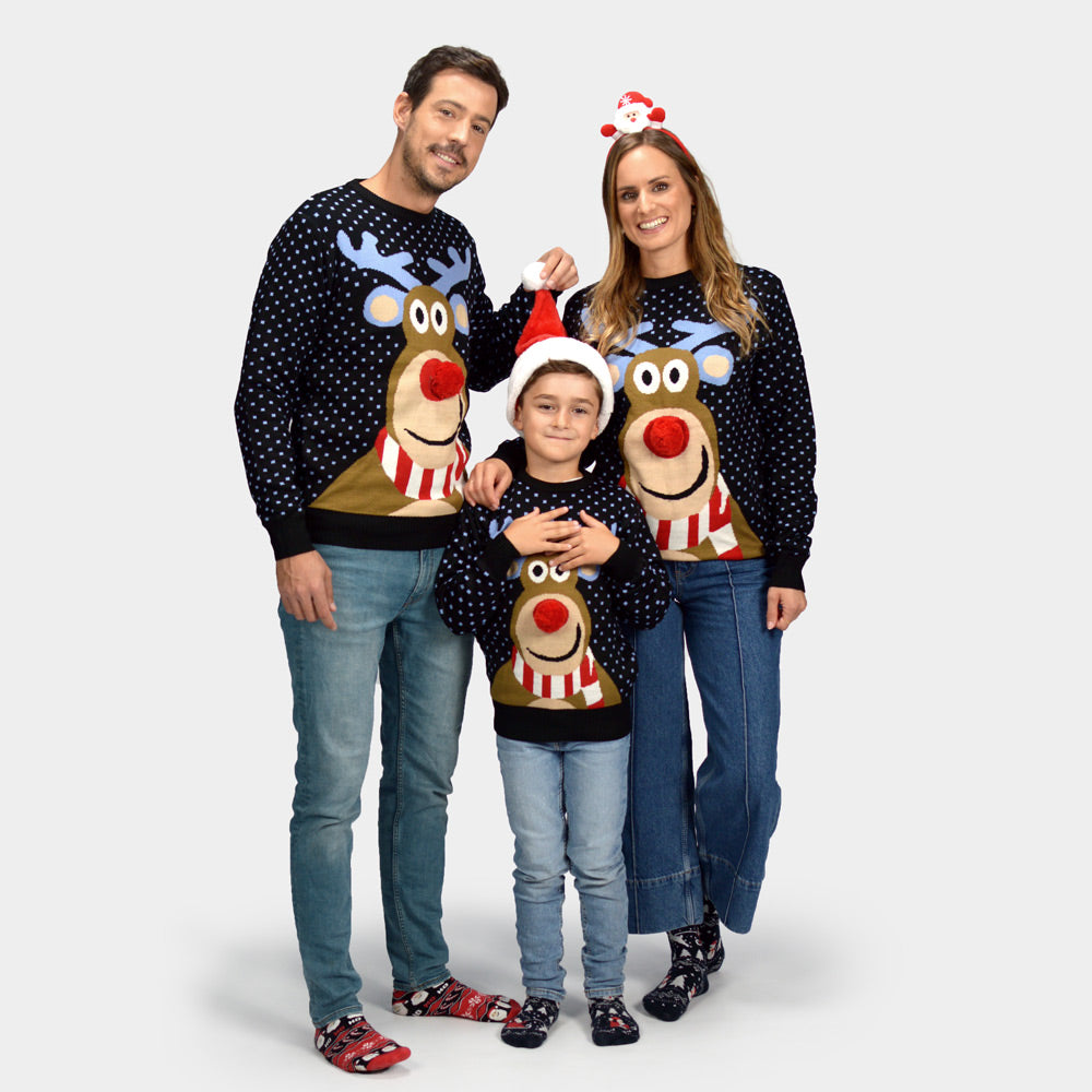 Blue 3D Family Ugly Christmas Sweater Reindeer with Red Nosed