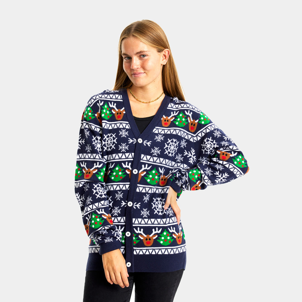 Blue Cardigan Couple's Ugly Christmas Sweater with Reindeers and Trees womens